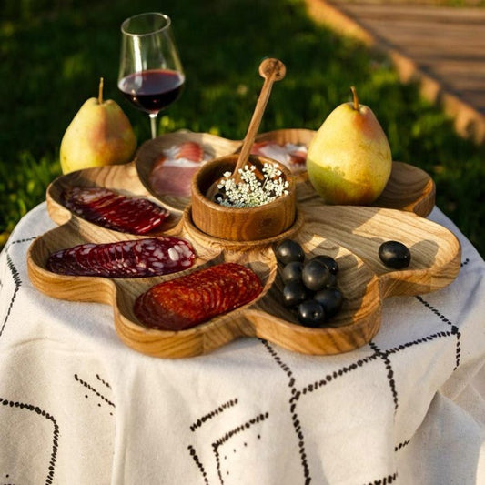 Appetizer Plate for Summer Picnics and BBQ, Rustic Snack Wooden Dish with Sections and Dip Bowl, Outdoor Charcuterie Serving Tray Gift